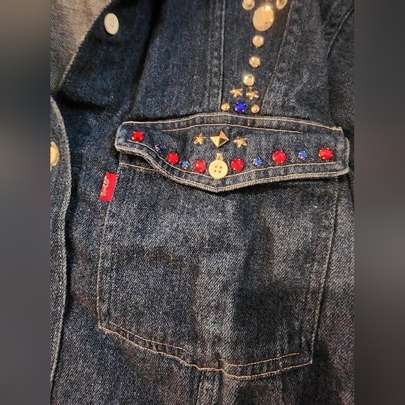 Vintage Levis Cropped Jean Jacket Rhinestones Studded - Picture 4 of 15